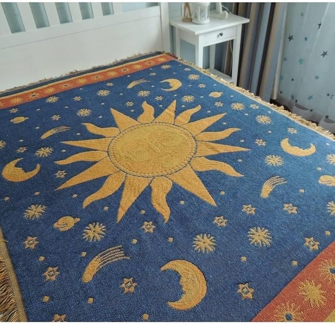 Hippie Throw Blanket Sun Moon Stars Boho Throw Blankets Celestial Tapestry Double-Sided Reversible Woven Cotton Home Decor Bedding Chair Couch Recliner Cover Oversized Tassels Astrology 70"x90"