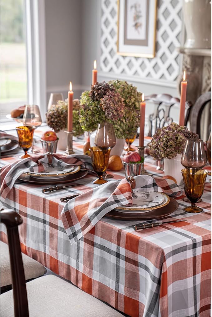 Solino Home Linen Plaid Tablecloth 60 x 108 Inch - 100% Pure Linen Cinnamon Table Cloth for Rectangle Tables - Fall Buffalo Check Machine Washable Tablecloth for Autumn, Holiday, Thanksgiving