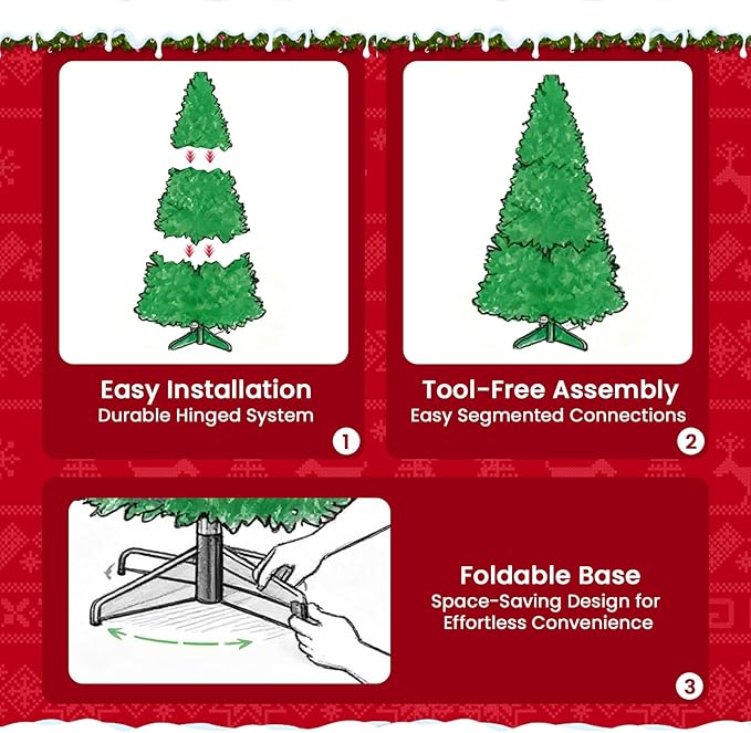 6ft Green Artificial Christmas Tree with Pine Cones and Snow Flocked Branches, Realistic Full Shape Xmas Tree with Sturdy Metal Stand for Indoor Holiday Decoration