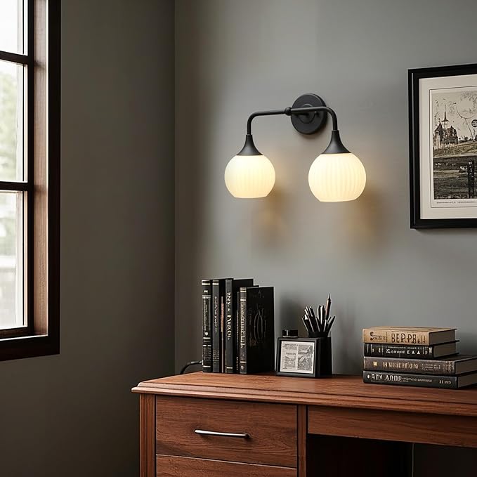 PERMO Double Sconce Black Vintage Vanity Light 2-Light Wall Sconces with White Ribbed Globe Glass Shade Hardwired Wall Light Fixture for Bathroom Mirror Cabinets Hallway Stairs