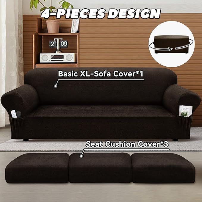 Sofa Slipcover with Armrest Pockets 4-Piece Set, Stretch Faux Leather Extra Large Couch Covers for 3-Cushion Couches(Fits 98-112") - Machine Washable, Pet & Kid Friendly - Dark Brown