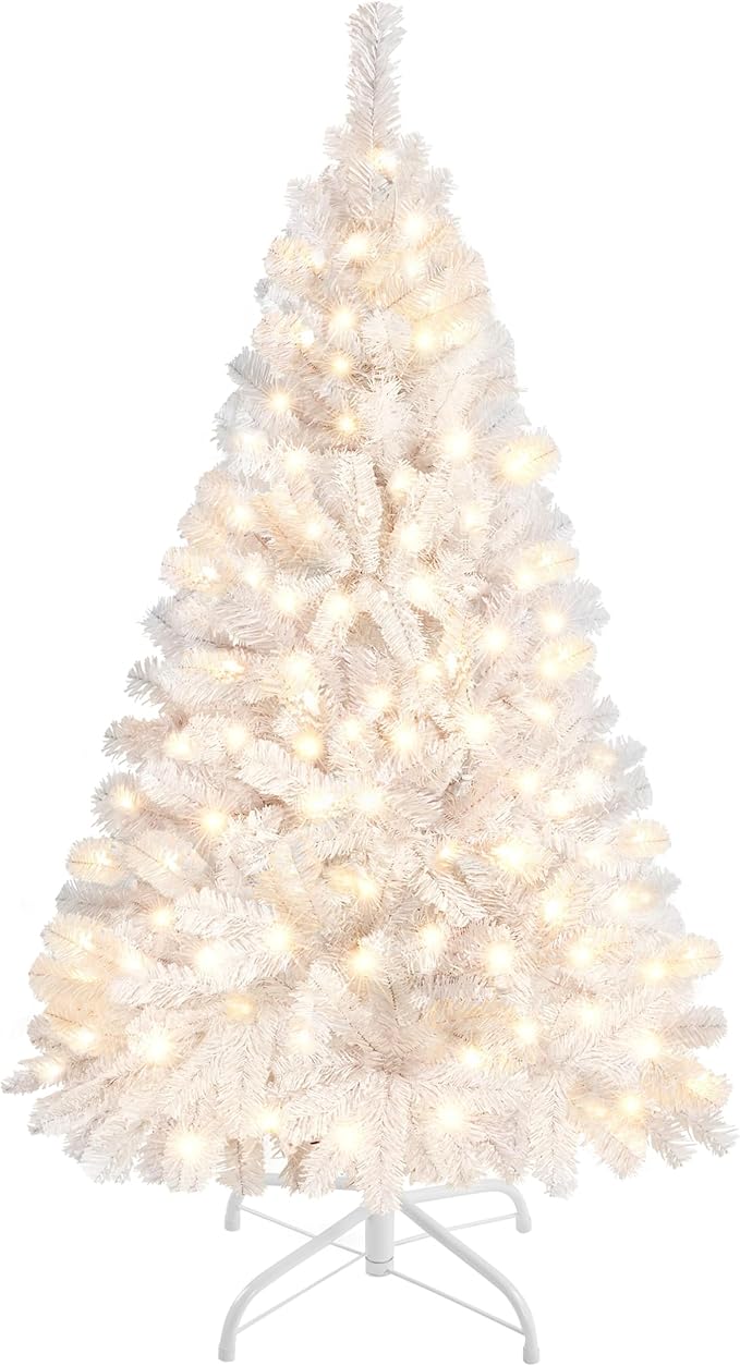 Yaheetech 4ft Pre-lit Spruce Artificial Hinged Christmas Pine Tree Prelighted Xmas Tree for Home Party Holiday Decoration with 70 Clear Warm White Lights and 110 Branch Tips, White