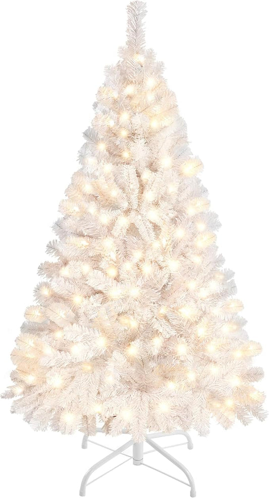 Yaheetech 4ft Pre-lit Spruce Artificial Hinged Christmas Pine Tree Prelighted Xmas Tree for Home Party Holiday Decoration with 70 Clear Warm White Lights and 110 Branch Tips, White