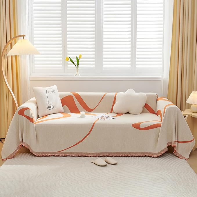 VClife Sofa Couch Cover Washable- Modern White and Caramel Striped Jacquard Couch Cover for 2 Cushion Couch 71''x118'' - 1 Piece Soft Chenille Large Sofa Covers Slipcover for Living Room Bedroom