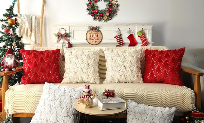 Christmas Throw Pillow Covers Christmas Decorations Set of 2 Xmas Tree 18x18 Pillow Covers Soft Plush Faux Wool Pillow Cases Holiday Winter Decor Sofa Couch Bed
