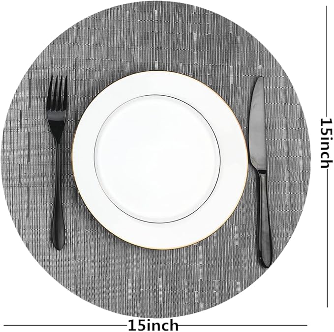 WAZAIGUR Round Placemats Set of 6 Woven Vinyl Easy to Clean Heat Resistant Kitchen Table Mats 15 Inch(Silver Grey 6)