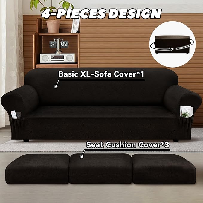 Sofa Slipcover with Armrest Pockets 4-Piece Set, Stretch Faux Leather Extra Large Couch Covers for 3-Cushion Couches(Fits 98-112") - Machine Washable, Pet & Kid Friendly - Coffee
