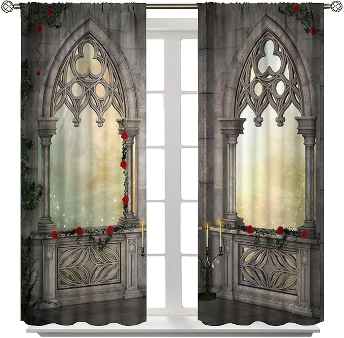 Gothic Mid Century Blackout Curtains, Vintage Castle Skull Candlesticks Red Rose Print Pattern Window Drapes, for Living Room Bedroom 21(W)*63(L) 2 Panels