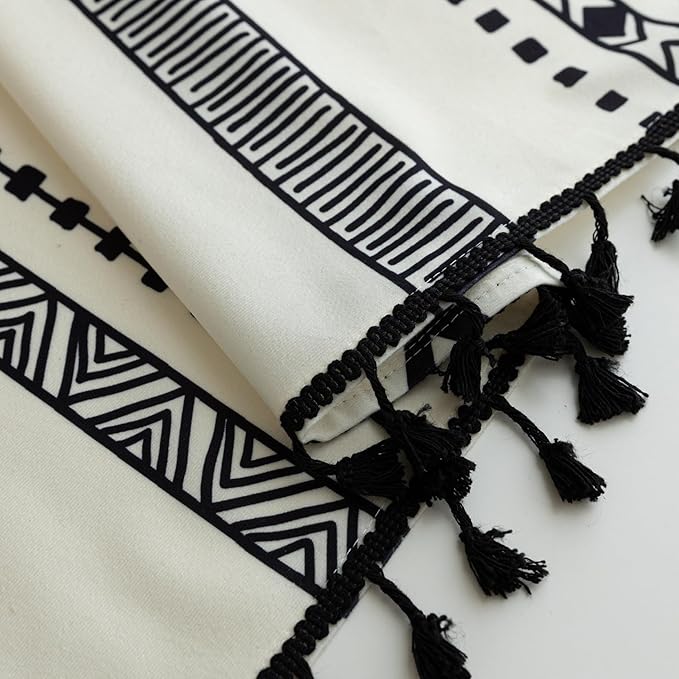 Boho Curtains Geometric Light Filtering Semi-Blackout Window Curtains 96 Inches Long Rod Pocket Drapes for Living Room 2 Panels-Black Totem