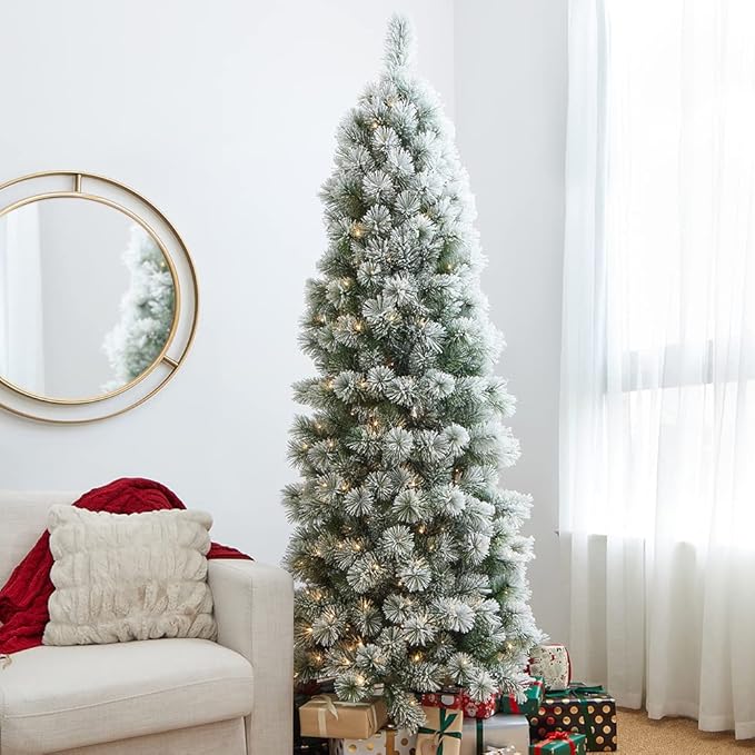 Glitzhome 7.5ft Prelit Christmas Tree, Artificial Christmas Tree with 350 Warm White Lights, Flocked Pencil Christmas Tree and Foldable Metal Stand for Home, Office, Party Decoration, Easy Assembly