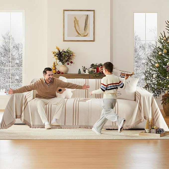 DREAMINGO Couch Cover Reversible Chenille 3 Seat Sofa Covers for Holidays Christmas Beige Coffee Couch Protector for 3 Cushion Couch Sofa Vertical Stripe Jacquard Sofa Slipcover Sectional, 71"x134"