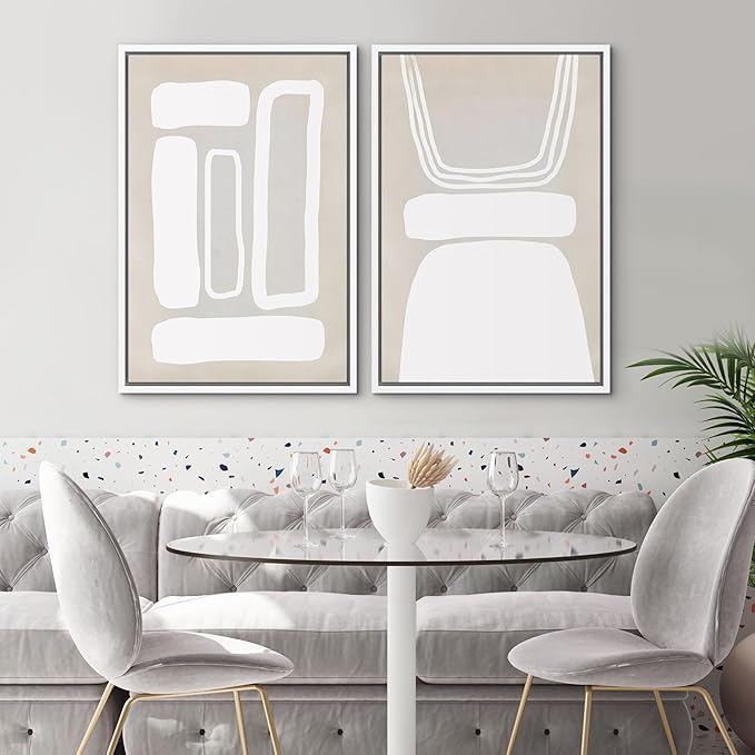 SIGNWIN Framed Canvas Print Wall Art Set Retro 1960s Geometric Figure Collage Abstract Shape Cozy Neutral Modern Art Decorative Nordic Multicolor for Living Room, Bedroom, Office - 24"x36"x2 White