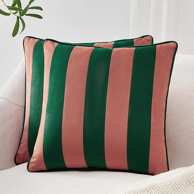 MONDAY MOOSE Decorative Throw Pillow Covers Cushion Cases, Set of 2 Soft Velvet Striped Piping Edge Designs, Pillow Inserts Not Included (Pink/Green, 16x16 inch)