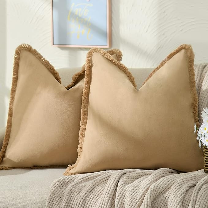 ZWJD Pillow Covers 24x24 Set of 2 Khaki Throw Pillow Covers with Fringe Chic Cotton Decorative Pillows Square Cushion Covers for Sofa Couch Bed Living Room Farmhouse Boho Decor