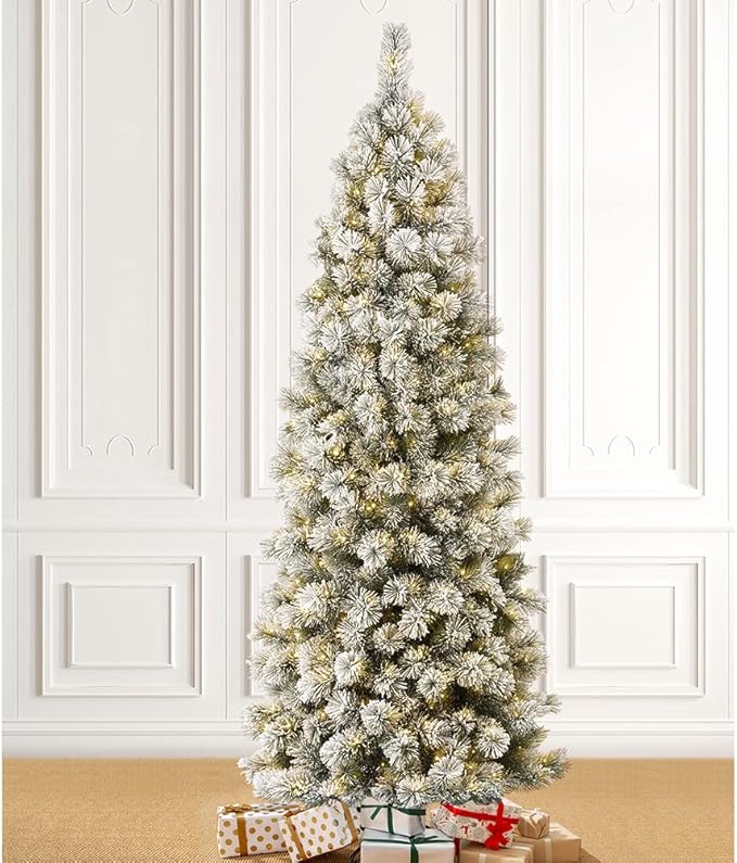Glitzhome 7.5ft Prelit Christmas Tree, Artificial Christmas Tree with 350 Warm White Lights, Flocked Pencil Christmas Tree and Foldable Metal Stand for Home, Office, Party Decoration, Easy Assembly