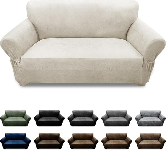Loveseat Sofa Slipcover Leather Look Couch Covers for 2 Seater Couch Sofa 1-Piece Sofa Cover Stretch Furniture Protector with Elastic Bottom & Pockets(Loveseat, Beige)