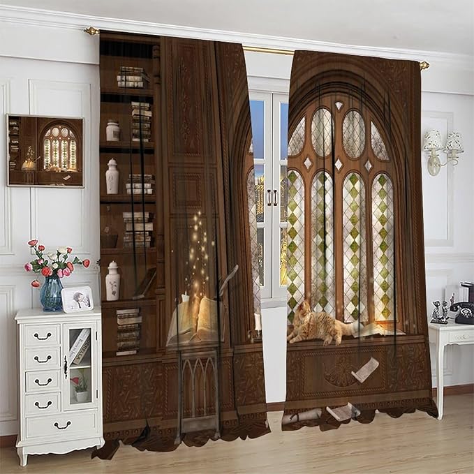 Gothic Medieval Library Blackout Curtains, Mid Century Study Cat Print Pattern Window Drapes, for Living Room Bedroom 21(W)*63(L) 2 Panels