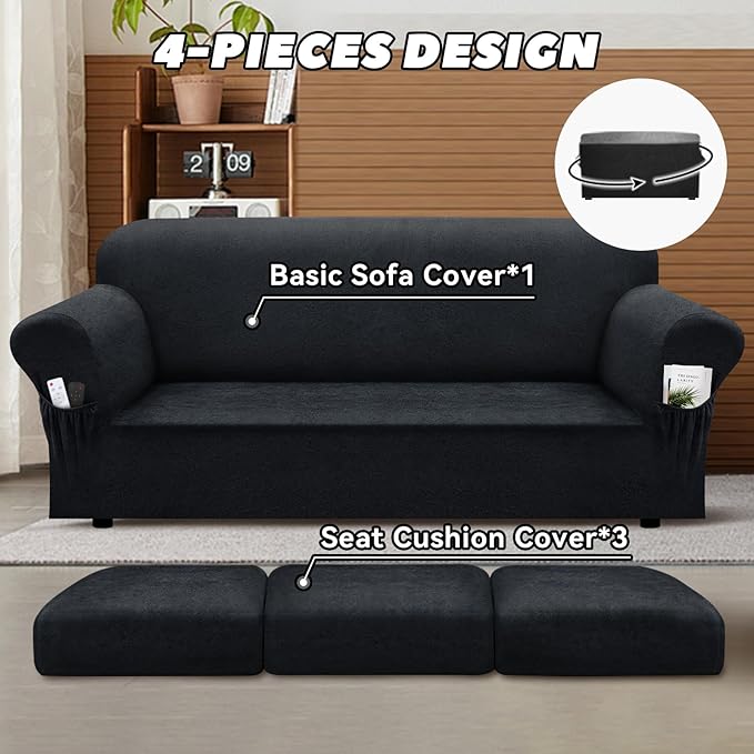 Sofa Slipcover with Armrest Pockets 4-Piece Set, Stretch Faux Leather Couch Cover for 3-Cushion Couches(Fits 72-92") - Non-Slip, Machine Washable, Pet & Kid Friendly - Dark Gray
