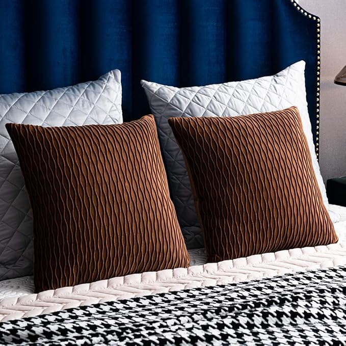 Light Brown Throw Pillow Cases: 2 Pack 18x18 Inch Original Stripe Velvet Square Decorative Pillow Covers for Farmhouse Couch