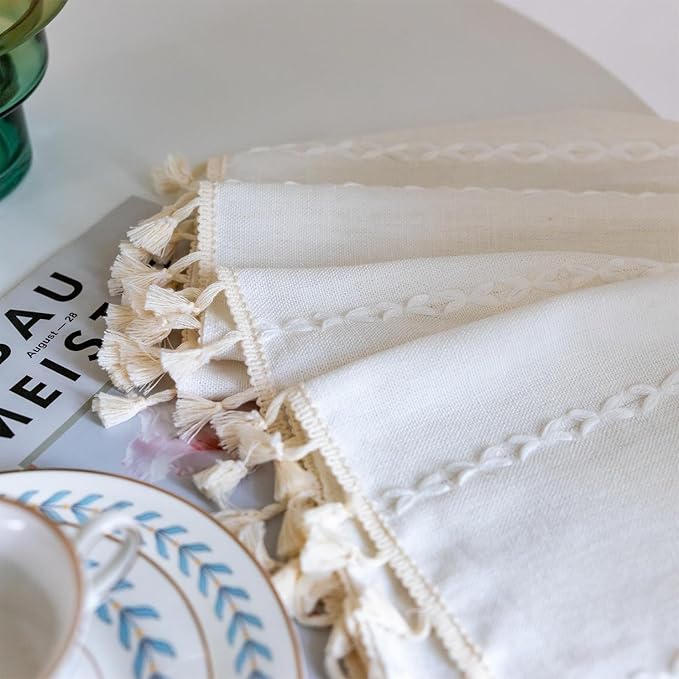 Sutuo Home White Boho Valance Curtains Tier 36 inches for Kitchen Cafe Closet, Short Farmhouse Vintage Tassels Window Treatment Bohemian Stripe Embroidery Drape Rod Pocket 1 Panel 52" W x 36" L
