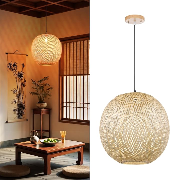 Arturesthome 1 Light Round Bamboo Pendant Lights, Wicker Chandelier Hand-Woven Boho Basket Lampshade Hanging Ceiling Light for Kitchen Island Living Room