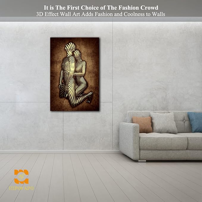 3D Metal Effect Canvas Wall Art- Gold 3D Metal Canvas Art Silver 3D Canvas Art Wall Decor for Modern Living Room, Romantic Couple Living Room Canvas Wall Art Framed 28”x40”x1Pcs