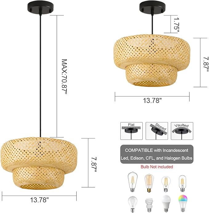 Bamboo Pendant Lights 13.8IN Farmhouse Chandelier Hand-Woven Natural Ceiling Hanging Lamp for Kitchen Island Living Room Bedroom Restaurant Dining Room