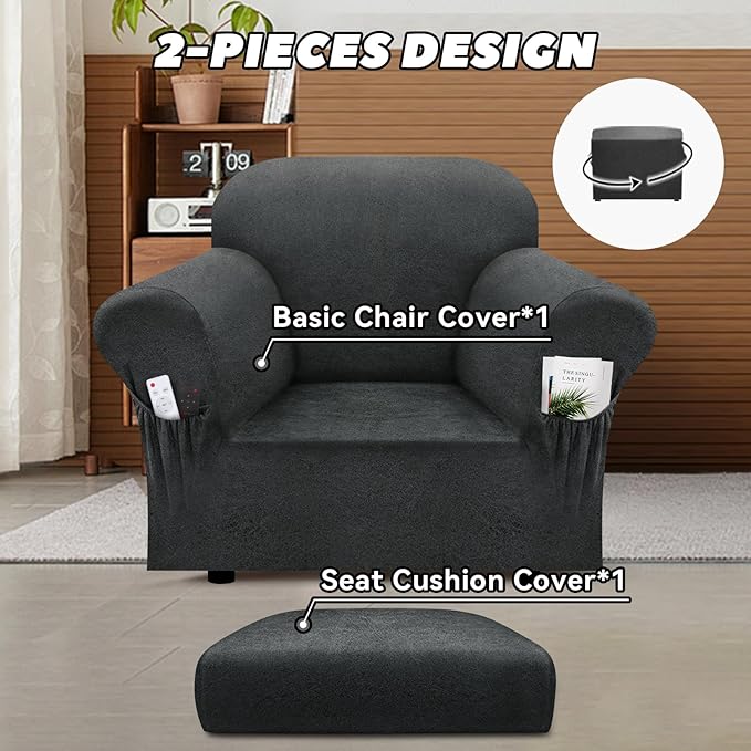 Chair Slipcover with Armrest Pockets 2-Piece Set, Stretch Faux Leather Chair Cover for Armchairs(Fits 31-45") - Non-Slip, Machine Washable, Pet & Kid Friendly - Gray