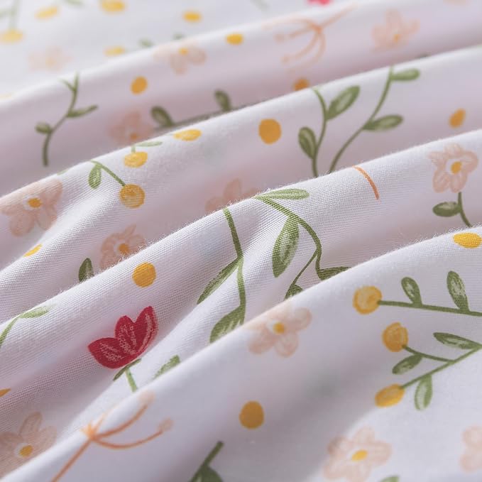 HoneiLife Floral Duvet Cover Queen - 100% Cotton Comforter Cover, Botanical Bedding Duvet Cover Sets with Zipper Closure & Corner Ties, 3-PC Wildflower Comforter Cover Sets, Early Spring