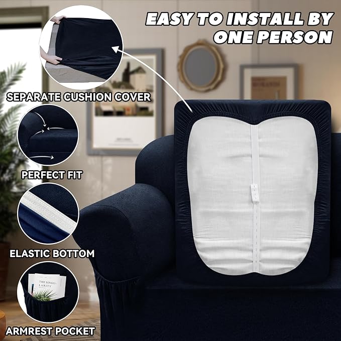 Sofa Slipcover with Armrest Pockets 4-Piece Set, Stretch Faux Leather Couch Cover for 3-Cushion Couches(Fits 72-92") - Non-Slip, Machine Washable, Pet & Kid Friendly - Navy
