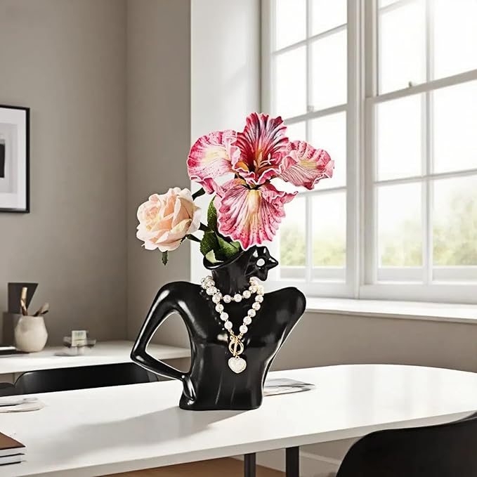 Ceramic Vase with Detachable Necklace — Elegant Female Curves Home Decor, Artistic Tabletop Vase for Bookshelf, Dining Table, Living Room, Kitchen, or Office, Perfect with Artificial or Dried Flowers