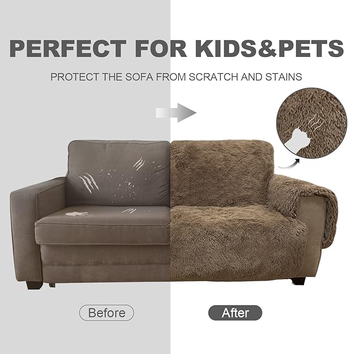 Plush and Fuzzy Shaggy Couch Cover, Dog Pad Faux Fur Sofa Cover, Water Resistant Slipcover, Non-Slip Furniture Protector for Kids,Dogs,Cats.(Brown, Small-XL Chair)