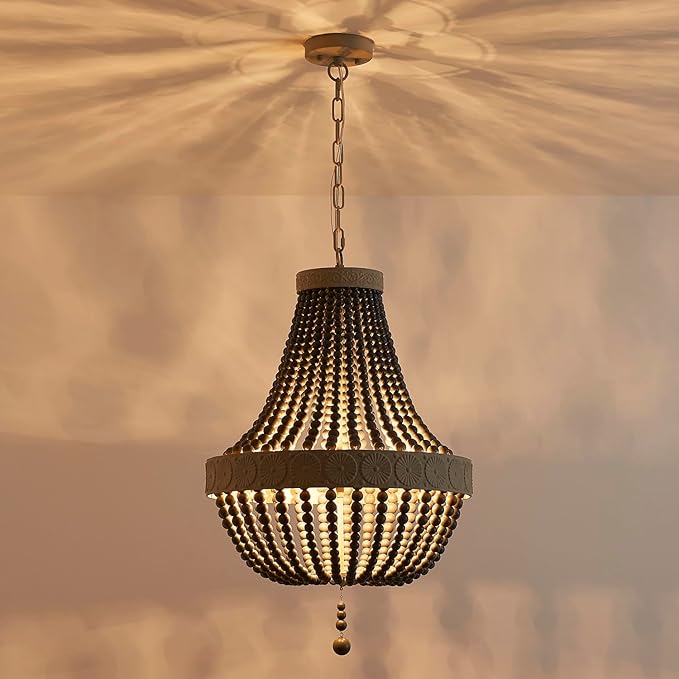 Saint Mossi Farmhouse Chandeliers, Vintage Design Wood Bead Pendant Light Fixture, D18 x H26, Adjustable 59" Chains, 4 x E12 Sockets, Rustic Black Finish Bead & Dirt Grey Finish Metal Frame