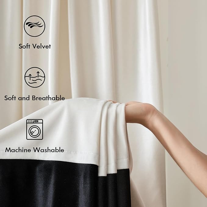 Velvet Curtains for Living Room Cream Ivory Black 72 inches Long,2 Panels Blackout Curtains Modern Color Block Back Tab Rod Pocket Soundproof Drapes for Bedroom Window Decor