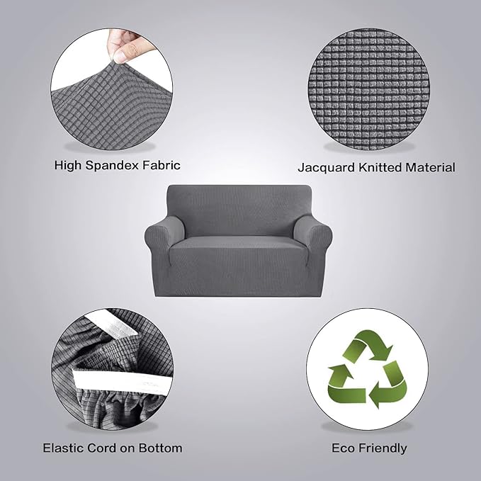 H.VERSAILTEX Stretch Couch Cover Loveseat Covers for 2 Cushion Couch Slipcover|Sofa Cover for Love seat 1 Piece with Elastic Bottom, Checked Jacquard Fabric(Loveseat 58'-70' Wide, Grey)