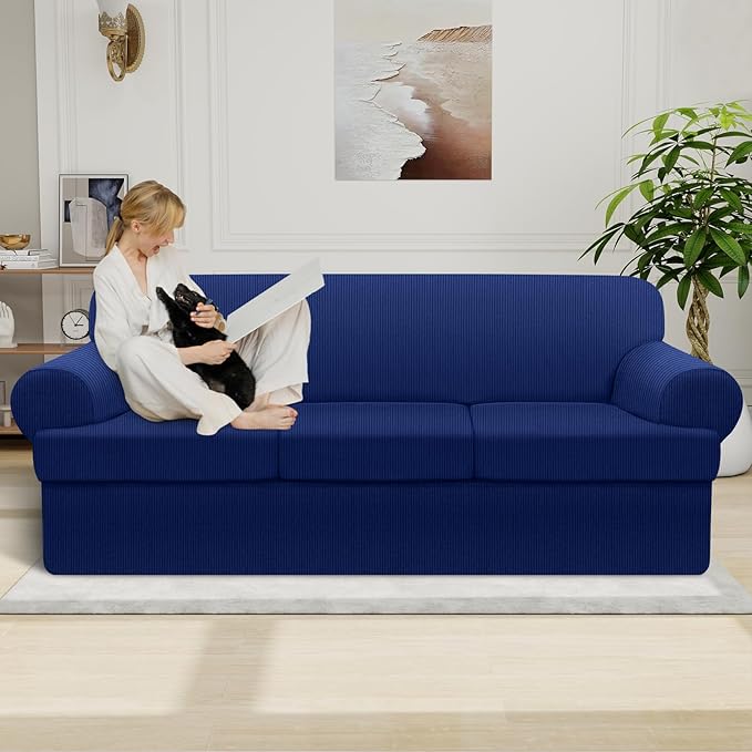 Waterproof Couch Cover 4-Piece Set Striped Sofa Slipcovers for 3 Separate T Cushion Couch - TPU Fabric Sofa Covers Leakproof Couch Protector for Kids, Pets(3 Cushion Sofa, Navy)