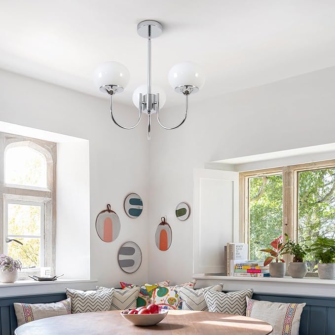 BOKT Modern Sputnik Chandelier 3 Light Glass Globes Silver Chandelier Light Fixture White and Chrome Pendant Lights Vintage Hanging Chandeliers for Kitchen Island Dining Room