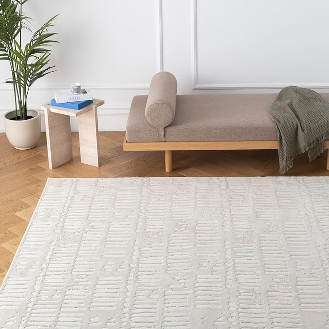 Revival Rugs Shell 6'7"x9' Washable Area Rug for Living Room Bedroom - 100% Recycled Oeko-TEX Certified, Medium Pile, Beige, Cream