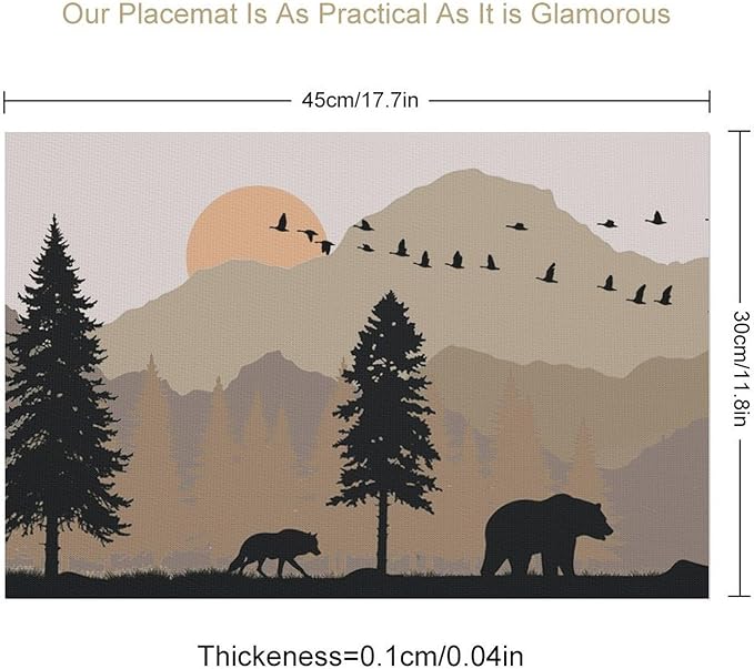 Rustic Animal Placemat Set of 6, 12x18 Inch Vintage Bear Deer Birds Wildlife Animal Aztec Forest Pine Tree Cabin Country Lodge Coffee Table Mats for Outdoor Kitchen Dining Table Decoration
