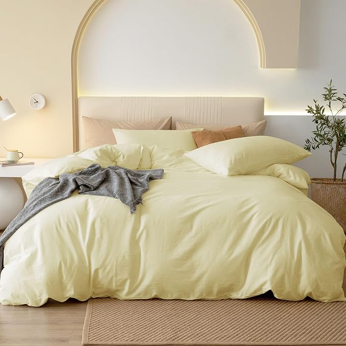 JIYUAN 100% Washed Cotton Duvet Cover Set 2 Pieces Twin, 1 Duvet Cover 68x90 Inches(Comforter Not Included) and 1 Pillowcases,Linen Feel Bedding Set Comfy and Breathable,Light Yellow