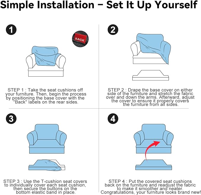 Waterproof Chair Cover with Arms 2-Piece Set Striped Slipcover for 1 Separate T Cushion Couch - TPU Fabric Armchair Covers Leakproof Couch Protector for Kids, Pets(Chair, Navy)