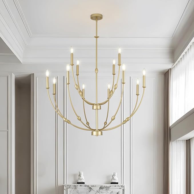 Large Gold Chandelier Light Fixture, 2 Tier 12-Lights Long Chandeliers for High Ceilings, Modern Candle Chandelier for Living Room Foyer Entryway