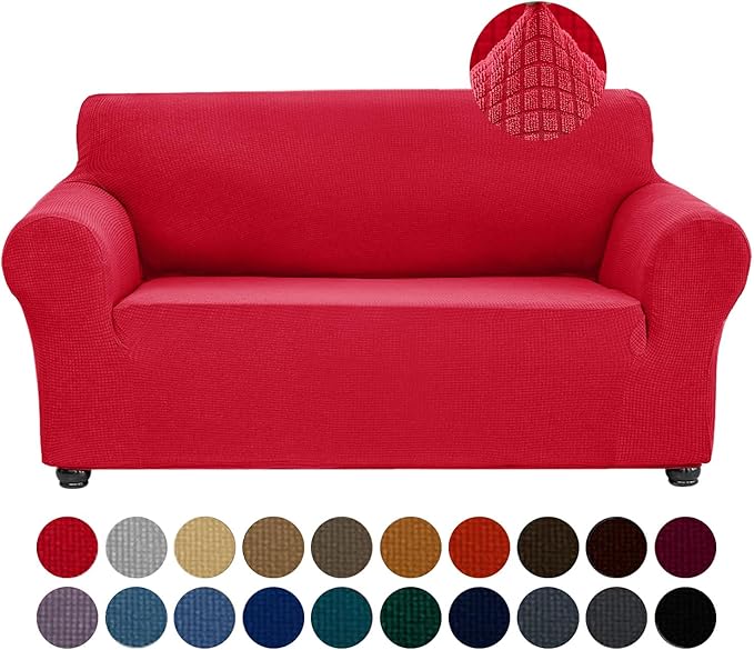Joccun Stretch Loveseat Couch Cover Slipcover, 1-Piece Sofa Cover for 2 Cushion Couch Spandex Jacquard Washable Furniture Protector Cover for Living Room,Kids,Pets（Loveseat,Ruby）