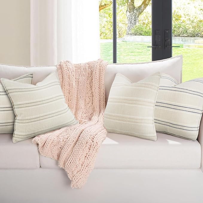 18X18 Decorative Farmhouse Linen Throw Pillow Covers, Boho Textured Pillow Case Set of 2 ,Beige with White & Brown Stitch Yarn Dyed Stripe Cushion Cover ,Modern Accent Square Pillowcase for Sofa Couch