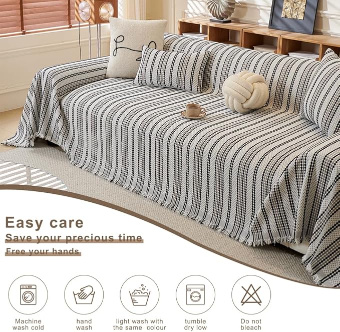 ROOMLIFE Thicked Striped Boho Black &Gray Couch Cover for 2-3 Cushion Sofa, Chenille Sofa Slipcovers Sectional Sofas Covers for Dog, Non Slip Washable Furniture Protector Soft with Tassel 71''X150''