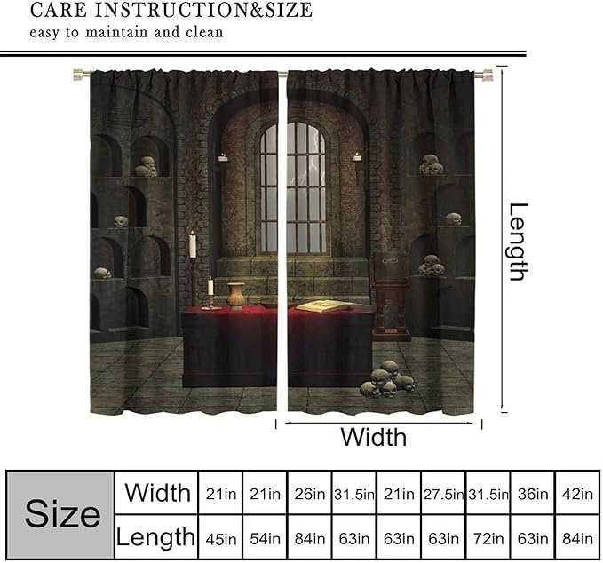 Gothic Mid Century Blackout Curtains, Horror Theme Skulls Shelves Candles Print Pattern Window Drapes, for Living Room Bedroom 21(W)*45(L) 2 Panels