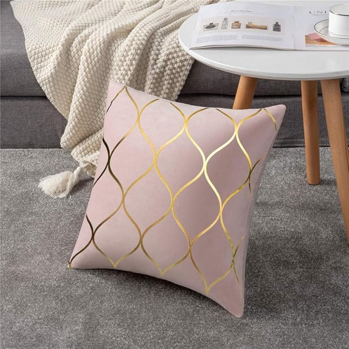 Gold Velvet Throw Pillow Covers: 2 Pack 24x24 Inch Square Decorative Pillow Cases for Bedroom Sofa Couch Living Room, Pink