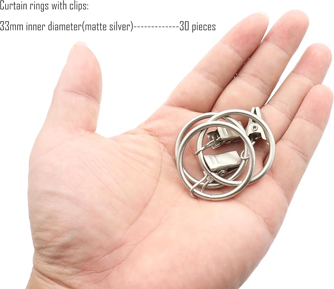 LBY 30 Pack Curtain Rings with Clips, 33mm(1.3'') Interior Diameter Metal Curtain Rings, for Hanging Drapery Drapes Bows, Matte Silver