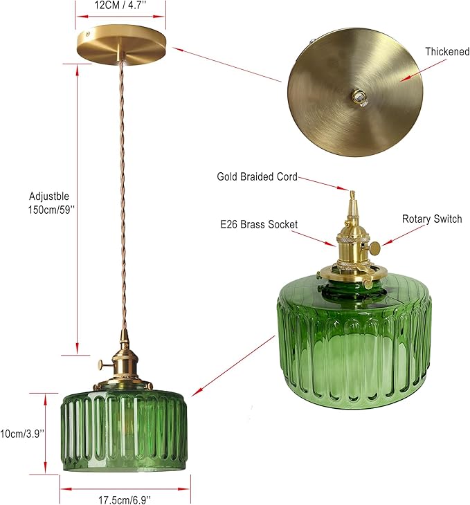 Vintage Pendant Light Fixtures, Brass Socket with ON/Off Switch and Green Glass Lamp Shade Pendant Light for Kitchen Island Farmhouse Living Room (Green,Striped)