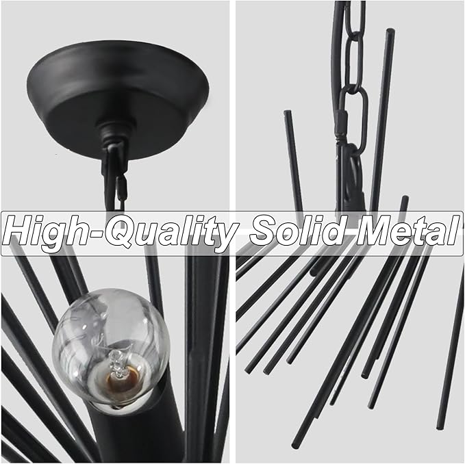29.13" Large Black Sputnik Chandelier Vintage Geometric Starburst Chandelier Light Modern Solid Metal Firework Chandeliers for Dining Room, Kitchen Island, Bedroom, Living Room